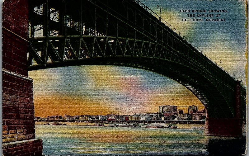 1946 ST. LOUIS MISSOURI EADS BRIDGE CITY SKYLINE LINEN POSTCARD 34-120