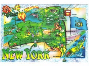 New York State Map Showing Major Routes And Points Of Interest, Chrome Postcard