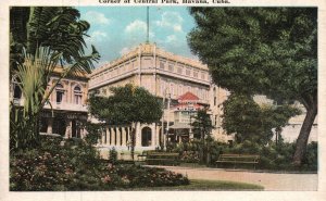 Vintage Postcard Corner Of Central Park Showing Hotel Plaza In Background Havana