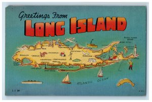 1949 Map View, Greetings from Long Island New York NY Antique Posted Postcard