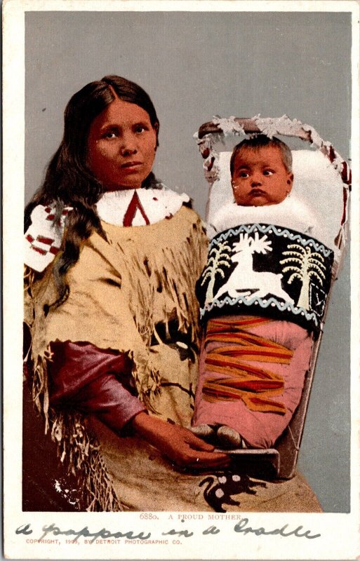 Postcard Eskimo Indian Woman and Infant Papoose in a Cradle