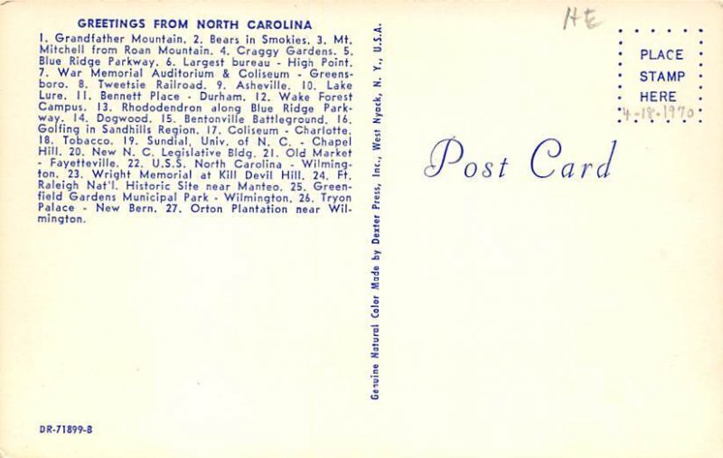 Greetings from North Carolina USA Map Unused 