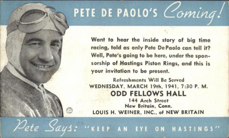 HASTINGS PISTON RINGS New Britain CT Pete De Paolo Race Car Driver PC gfz