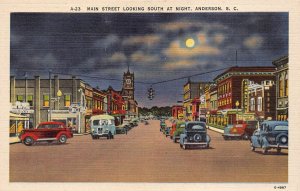 Anderson South Carolina SC Main Street At Night Vintage Cars Postcard