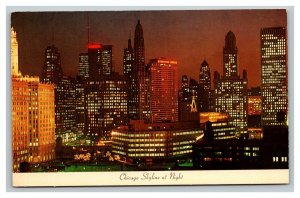 Vintage 1960's Postcard Panoramic View Skyline at Night Chicago Illinois