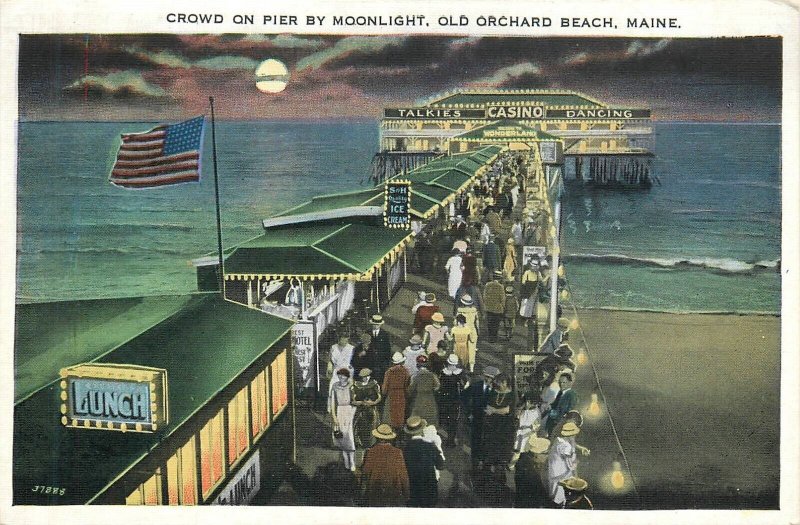 Postcard 1920s Maine Orchard Beach Crowd Pier Moonlight 23-13747