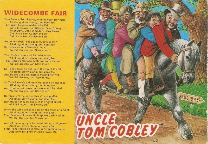 Uncle Tom Cobly horse with people to Widecombe Fair  Modern English PC. Contin