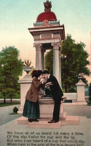 Vintage Postcard 1909 Lovers Couple At The Park True Lovers Lip Cup Sip Romance