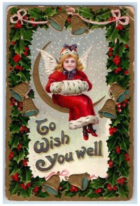 1908 Christmas Angel Handwarmer Crescent Moon Holly Bells Embossed Postcard