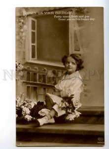 244072 BIRTHDAY Boy w/ White ROSES Vintage PHOTO EAS PC