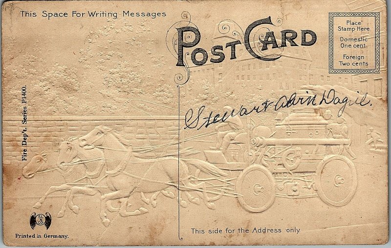 c1910 HORSE DRAWN FIRE ENGINE GOING TO THE FIRE HEAVILY EMBOSSED POSTCARD 14-55 