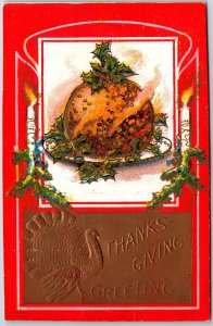 1908 Thanksgiving Greetings Embossed Turkey Meat In Plate Posted Postcard