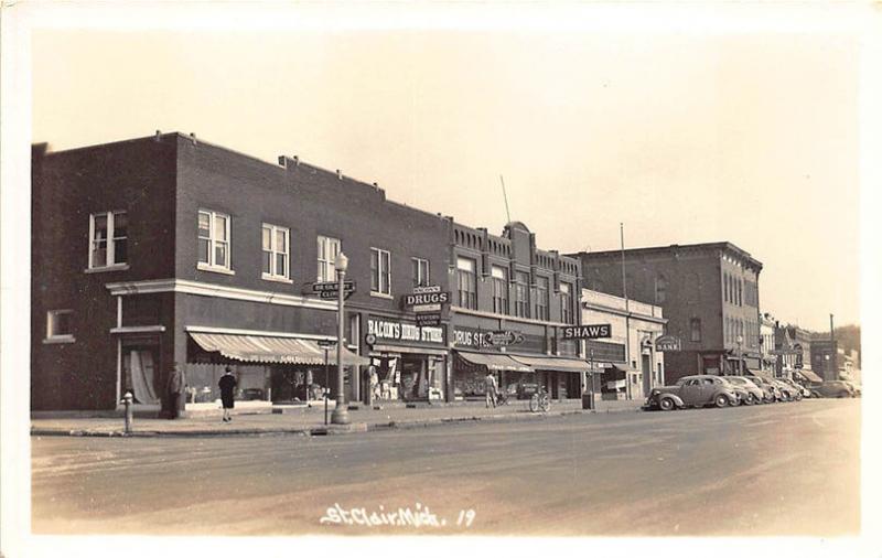 St Clair MI Street View Storefronts Bacon's Drug Store Shaw's RPPC Postcard