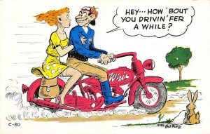 Motorcycle Couple Bob Petley Risque Comic Laff Card Pin-Up 1962 Vintage Postcard