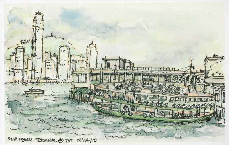 Star Ferry Terminal Harbour Hong Kong Stunning 2010 Painting Postcard