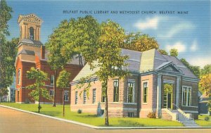 Belfast Maine Public Library and Methodist Church Linen Postcard Unused