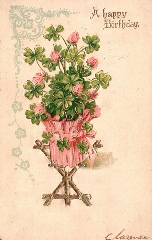 Vintage Postcard 1907 A Happy Birthday Greetings Card Shamrock Flowers Bouquet