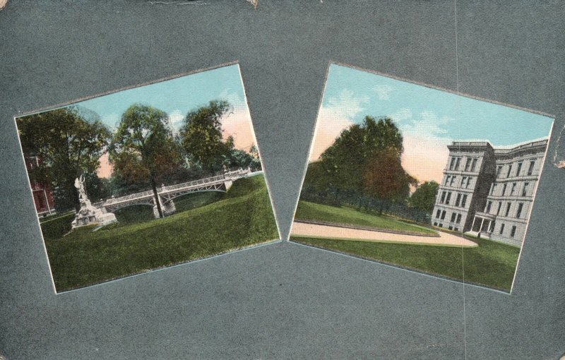 Vintage Postcard Bridge On Left Historical Building On Right Landmarks