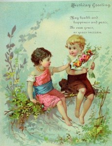 1880's Victorian Birthday Greetings Card Forest Scene Children Flowers Vines &W