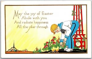 May The Joy Of Easter Abide With You Boy Chicks & Flowers Greetings Postcard
