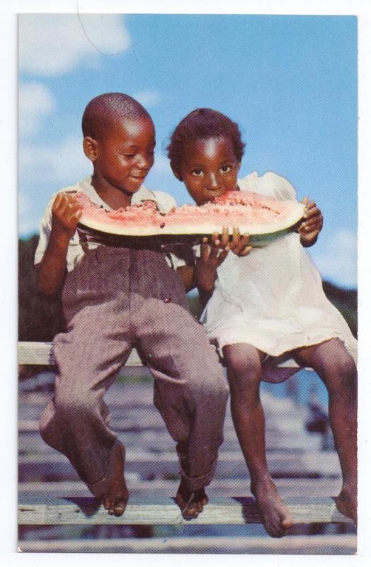 Children Eating Watermelon Black Americana Chrome Postcard