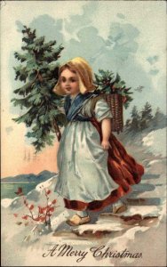 Christmas Pretty Little Dutch Girl with Tree c1910 Vintage Postcard