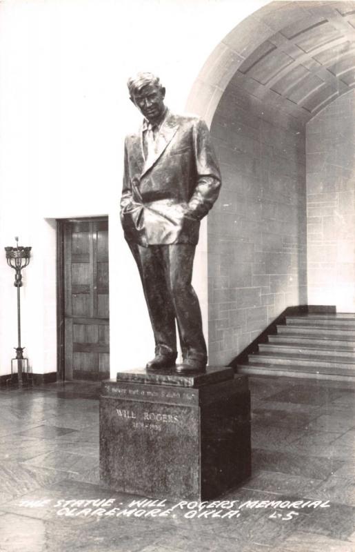 CLAREMORE OKLAHOMA WILL ROGERS MEMORIAL STATUE REAL PHOTO POSTCARD c1950s