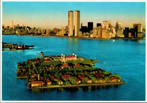 Ellis Island Upper NY Harbor Statue Liberty Twin Towers New York Postcard