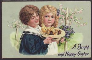 A Bright and Happy Easter,Boy,Girl,Chicks,Tuck's Postcard