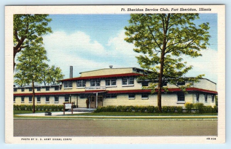 3 Postcards FORT SHERIDAN, Illinois IL ~ Entrance, Barracks, Service Club c1940s