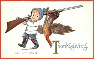 Gibson Thanksgiving Little Boy Dead Turkey on Rifle c1910 Vintage Postcard