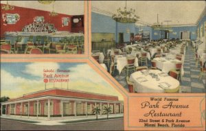Miami Beach FL Park Ave Restaurant Multi View Linen Postcard EXC COND
