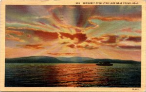 Vintage postcard: Sunburst over Utah Lake, Provo, agriculture