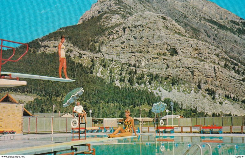 WATERTON LAKES, Alberta, 1940s-Present; Waterton Lakes Swimming Pool And Moun...