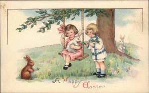Easter Rabbit Children Tree Swing Vintage Postcard