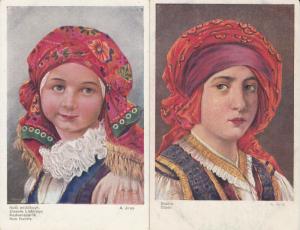 A. Jiras artist study Eastern Europe folk costume red wimpel early postcards x 2