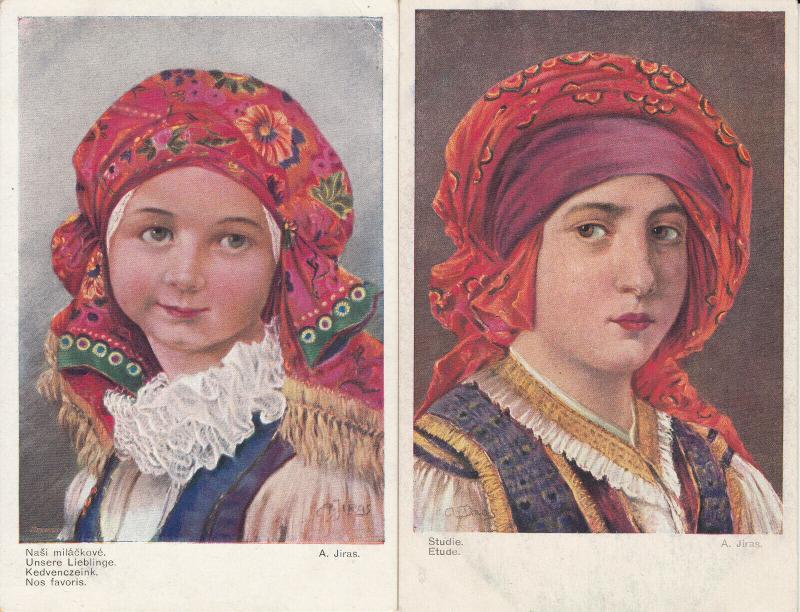 A. Jiras artist study Eastern Europe folk costume red wimpel early postcards x 2