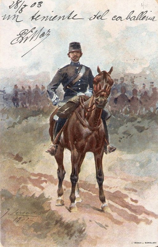 Spanish Army Uniform. Liutenant on horsebackOld vintage Spanish, artist signed