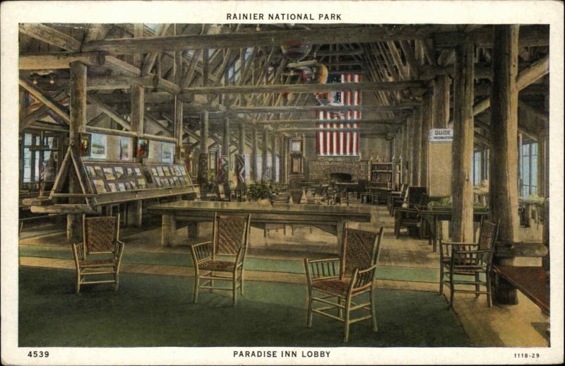 Rainier National Park Paradise Inn Lobby c1920 Postcard