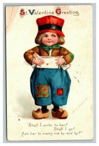 Vintage 1913 Ellen Clapsaddle Valentines Postcard Boy Gives Love Note