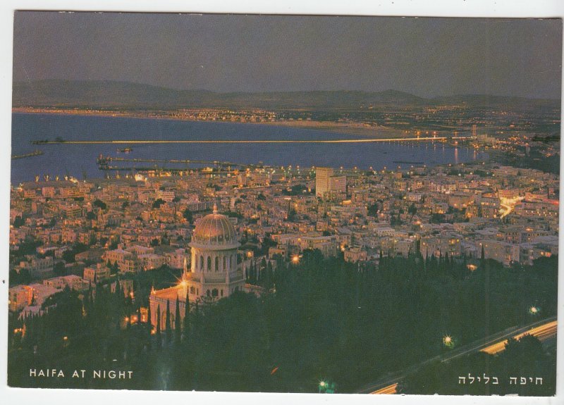 P1995, vintage postcard birds eye view haifa at night israel