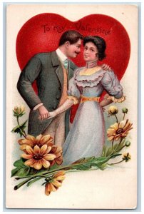 Valentine Postcard Giant Heart Couple Romance Flowers Embossed c1910's Antique