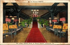 Postcard PA Uniontown Summit Hotel Lobby National Highway Route 40 1930 M12