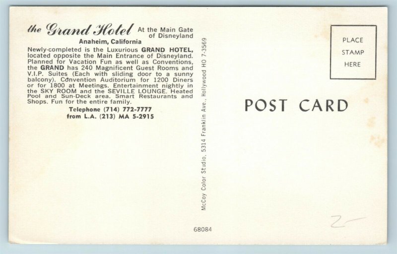 Postcard Anaheim California The Grand Hotel Main Gate of Disneyland