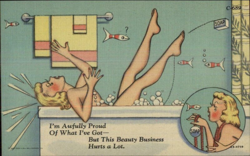 Curt Teich Carefree Sexy Lady Comic Series Linen Postcard C-689 BATH