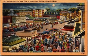 Vtg Old Orchard Beach Street from Pier at Night Maine ME 1940s Linen Postcard