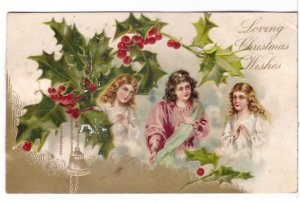 Loving Christmas Wishes, Girls, Holly, Antique Embossed Double Back Postcard