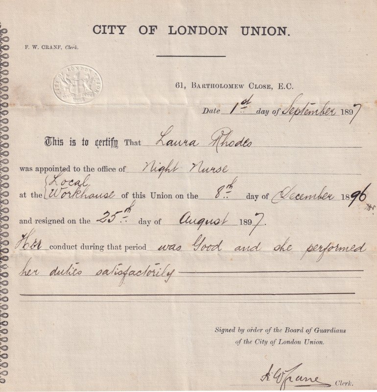 London Victorian Night Nurse 1897 Union Resignation Certificate