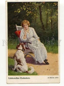 488050 MAILICK Belle Lady in Garden SETTER Dog Vintage postcard