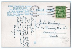 1933 The Nicollet Hotel Exterior Roadside Minneapolis Minnesota MN Cars Postcard